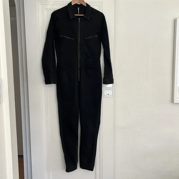 Free People Lennox Black Denim Utility Zip-Up Workwear Jumpsuit Women’s Large - Picture 4 of 10